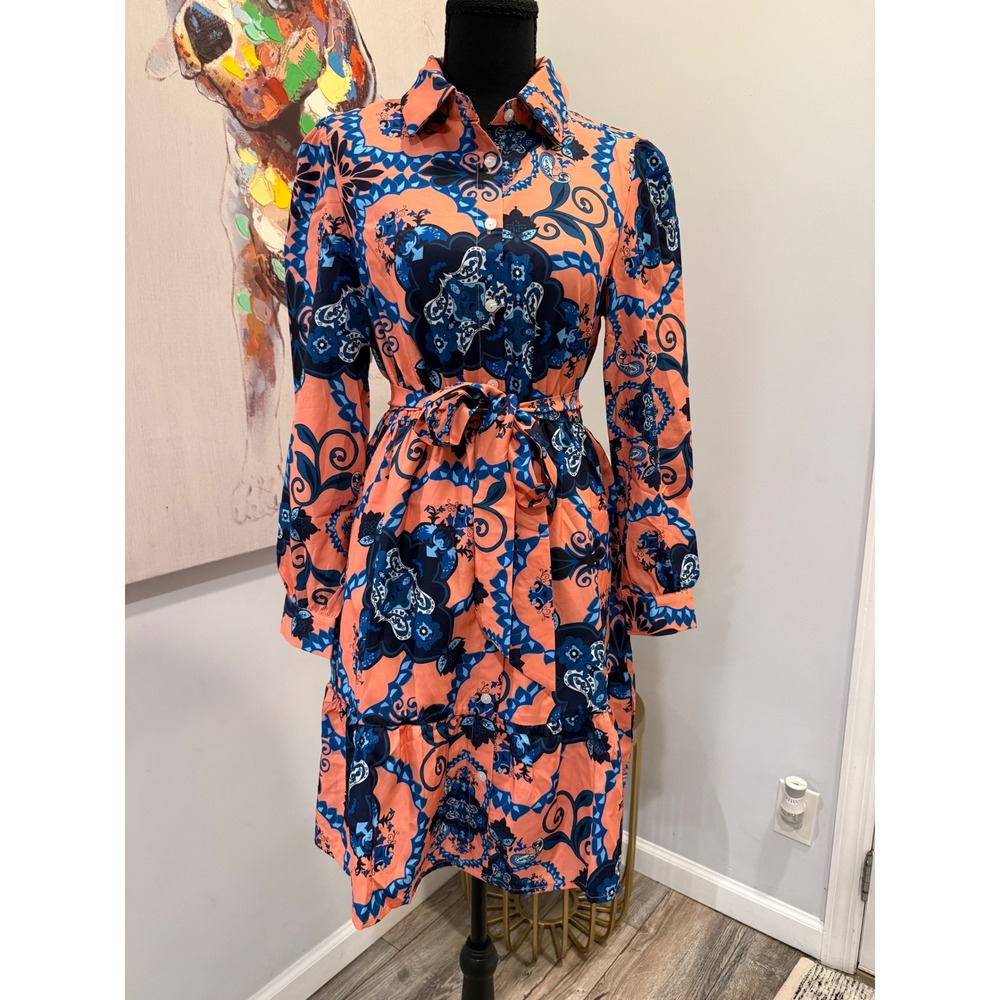 Miss Kelly 1999 Orange Blue Paisley Button Down Belted Tiered Shirt Dress, Small